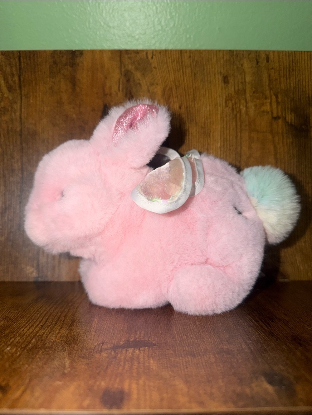 FAO Schwarz Pink Plush Bunny with Iridescent Ears and Pastel Pom Tail
